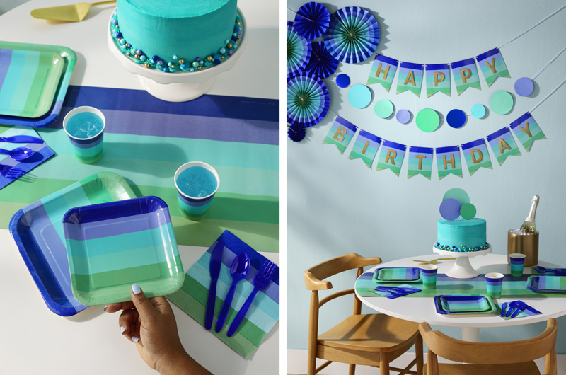 The blue ombre Color Pop party pack on a table and as part of a birthday party setup.