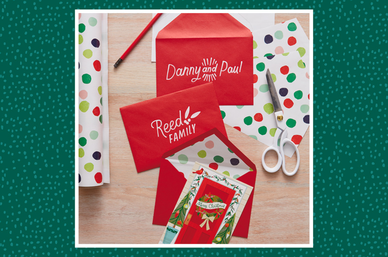 DIY envelope liners are a fun way to coordinate your card with your wrapped Christmas treats.