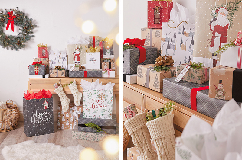 A pile of presents wrapped in a cozy theme, with understated colors like gray, dark green, brown craft paper and white.