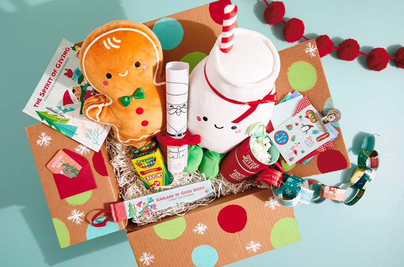 A kids Christmas care package filled with plushes, crayons, coloring pages, stickers and more.