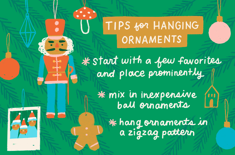 An illustration that outlines tips from the article for hanging ornaments on your Christmas tree.