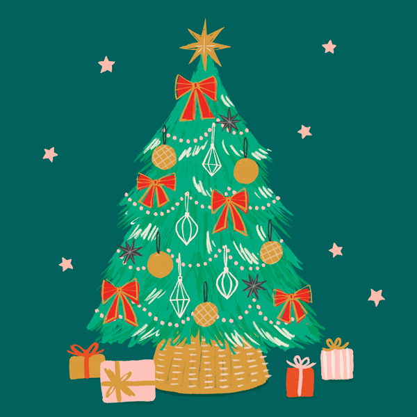 An illustration of a traditionally decorated Christmas tree.