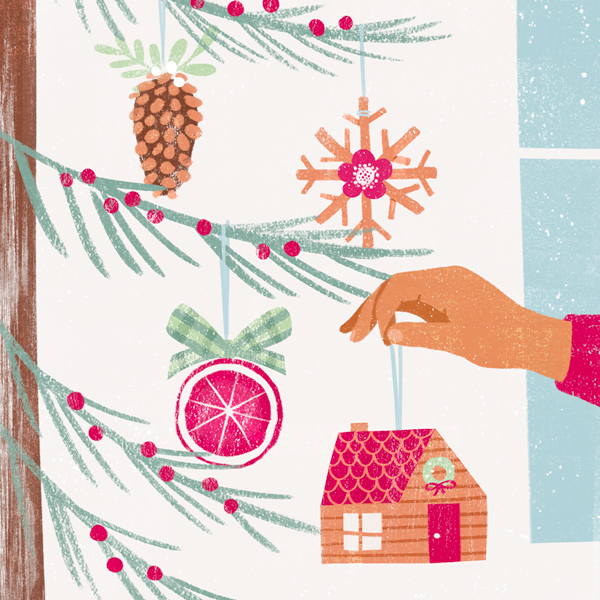 An illustration of a hand hanging a rustic cabin ornament on a tree scattered with other rustic style ornaments, like pine cones and dried oranges.