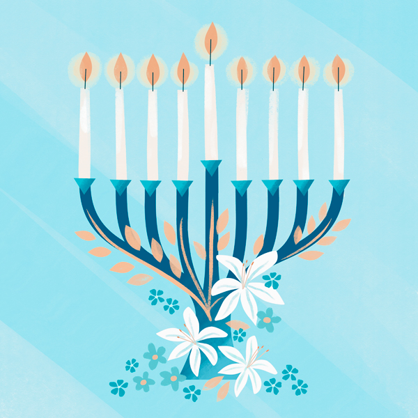 An illustration of a menorah with all candles lit and flowers at its base.
