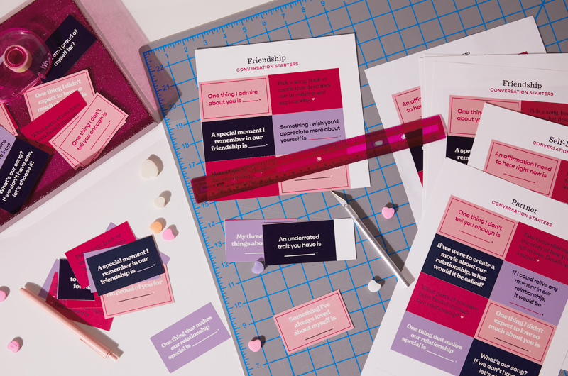 To cut out your free conversation starter cards, you'll need the free printable, a cutting mat, a ruler and a craft knife.
