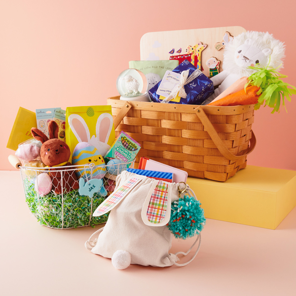 Easter baskets for kids of different ages, filled with gifts and DIY decorations.