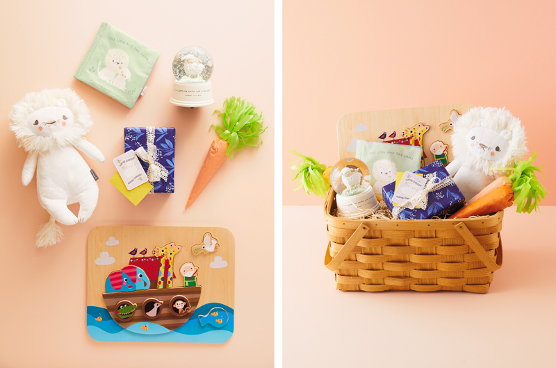 An Easter gift selection for babies and toddlers, next to a basket filled with those gifts and a DIY carrot treat bag.
