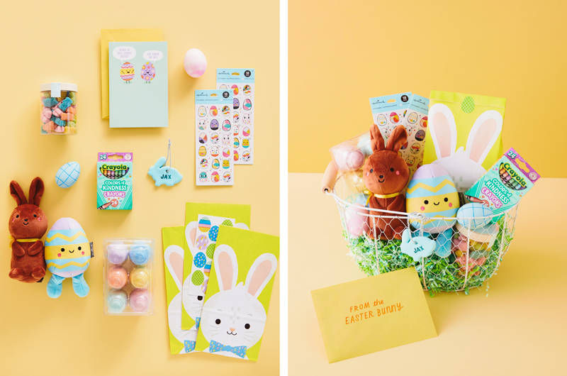 A selection of Easter gifts for kids, next to a basket filled with those gifts and labeled with a DIY bunny tag with the child's name.