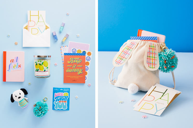 A selection of Easter gifts perfect for a teen, next to an image of a bunny canvas bag filled with those gifts and decorated with a DIY pom-pom keychain.