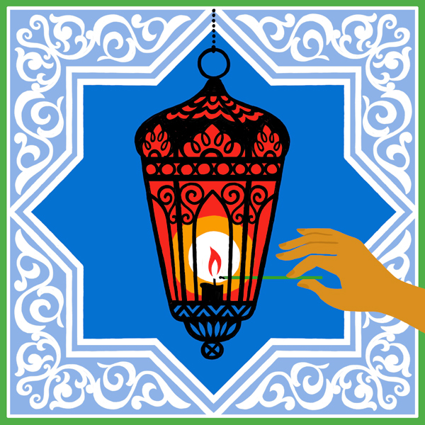 An illustration of a hand reaching in to light an Arabic lantern.