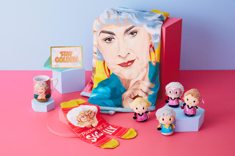 Any parent who loves the Golden Girls will appreciate these gift ideas: An over-sized plush throw featuring all four of the ladies, a collection of itty bittys plush featuring the foursome in their bowling shirts, a mug featuring Rose, and a fun pair of socks featuring Sophia.