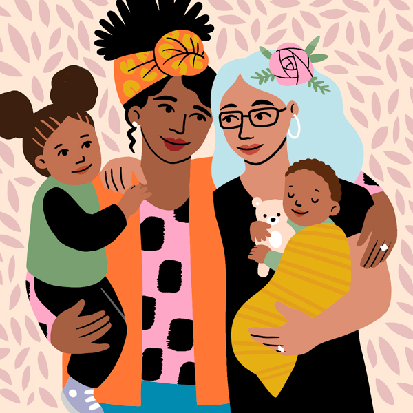 An illustration of two moms side-hugging as they each hold one of their two children.