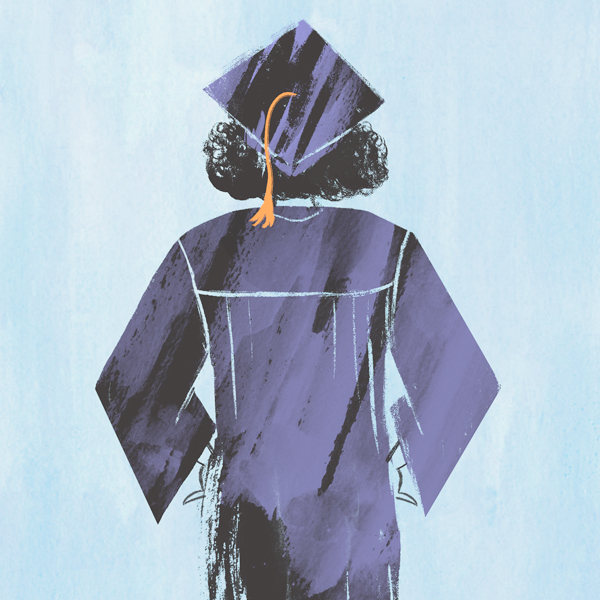 An illustration of the back of a woman with dark, curly hair wearing a graduation cap and gown.