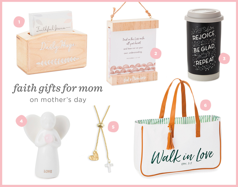 Our recommendations for faith-based Mother's Day gifts include our Daily Hope affirmation set, God's Promises wall decor, Rejoice, Be Glad, Repeat travel mug, rose quartz ceramic angel, cross and heart necklace, and Walk in Love tote.