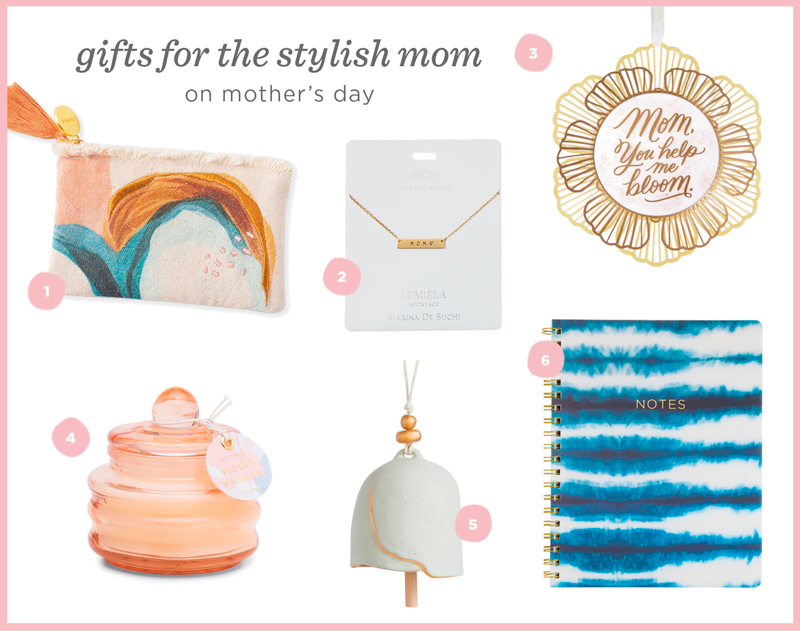 Our recommendations for stylish Mother's Day gifts include a Morgan Harper Nichols zipper pouch, a simple gold necklace with a bar-shaped pendant that reads MOM, a gold flower Keepsake Ornament that reads 