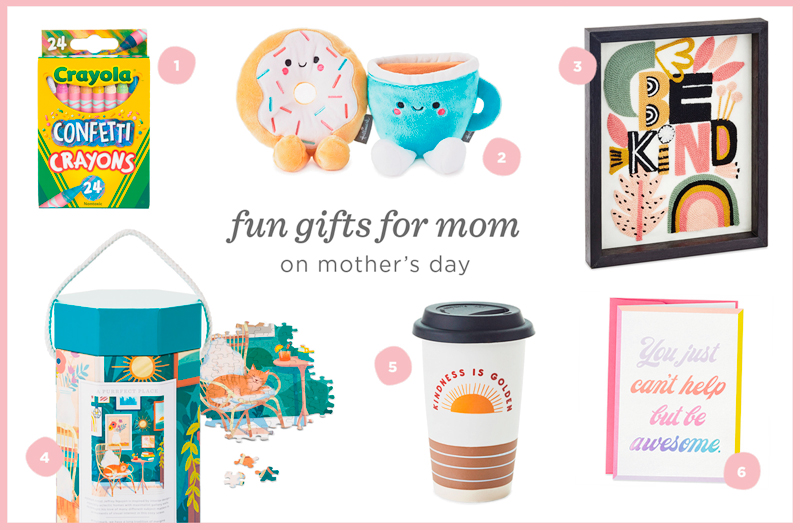 Our recommendation for fun Mother's Day gifts include Crayola confetti crayons, a coffee and donut Better Together plush set, wall decor that reads 