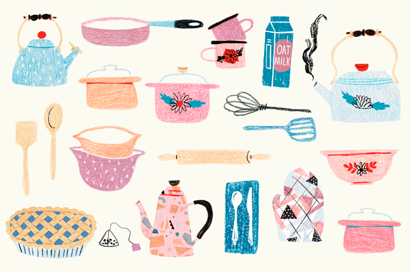 Crayon-drawn illustrations of a variety of kitchen items, like tea kettles, oven mitts, mixing bowls, baking utensils, and pie plates.