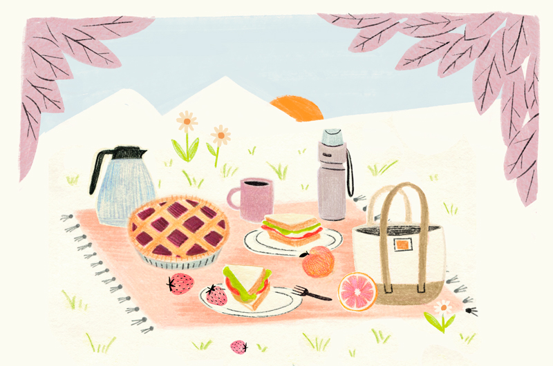 A crayon-drawn illustration of a picnic on a sunny hillside; on the tasseled pink picnic blanket are a pie tin, a thermos, pieces of fruit, and plates with sandwich halves on them.