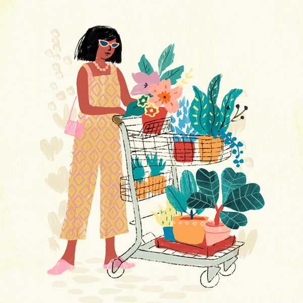 An illustration of a woman in sunglasses pushing a cart full of different kinds of potted houseplants.