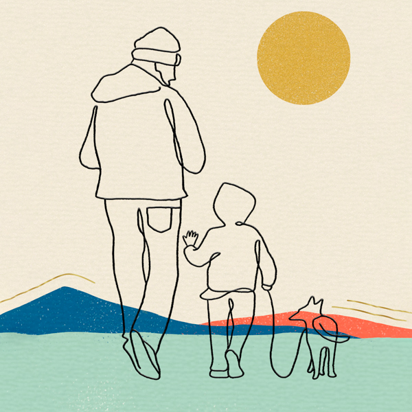 A line drawing of a man and his son talking together while walking their dog into the sunset.