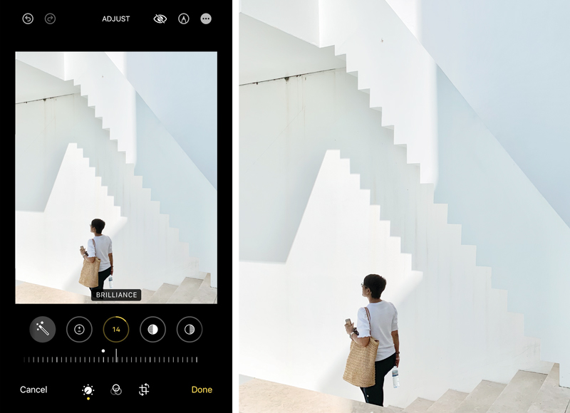 A scene of a woman on a set of bright white stairs, as shown within an iPhone camera interface. The camera screen is being used to show how a user can control the brilliance level of a photo.