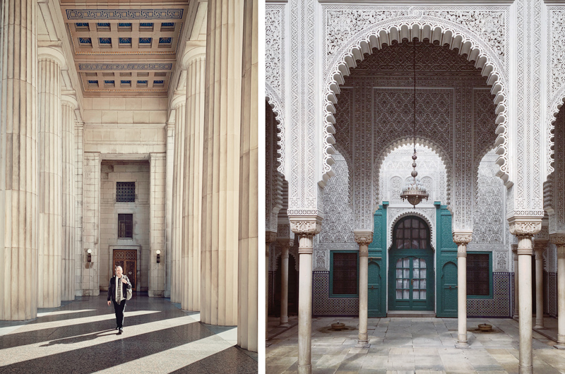 Two images taken with an iPhone camera—a man walking among a set of large, carved stone columns that are casting diagonal shadows across the floor and a scene of a dark turquoise doorway viewed through a set of intricately carved stone arches and pillars—both of which demonstrate the use of shadow and contrast.