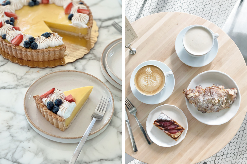 Two images taken with an iPhone camera—one of a slice of lemon meringue pie garnished with berries and the other a pair of breakfast pastries with decorative foam lattes sitting nearby—used to demonstrate how an iPhone camera can be great for food photography.