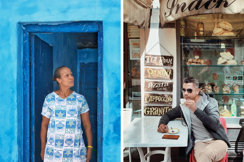 Two images taken with iPhone photography—one of a woman in a white and blue shirt standing in a bright blue doorway, and another of a man sitting and sipping espresso in front of a bakery window.