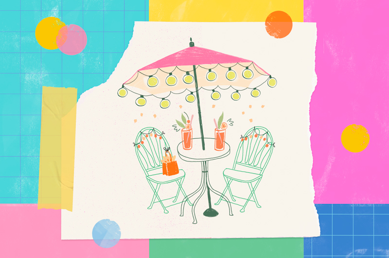 An illustration of an outdoor party set up with a patio table and umbrella with lights, summery drinks and a small gift bag.