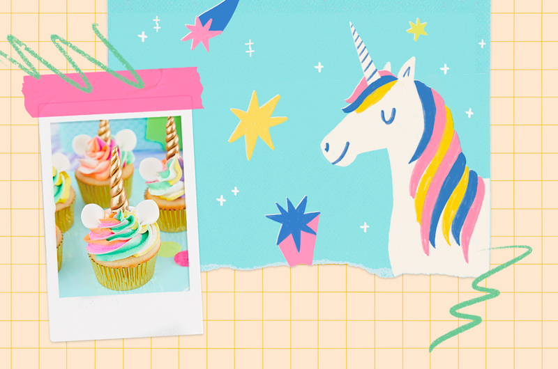 An illustration of a colorful unicorn with a collage-style inset image of a rainbow-swirl frosted unicorn cupcake.