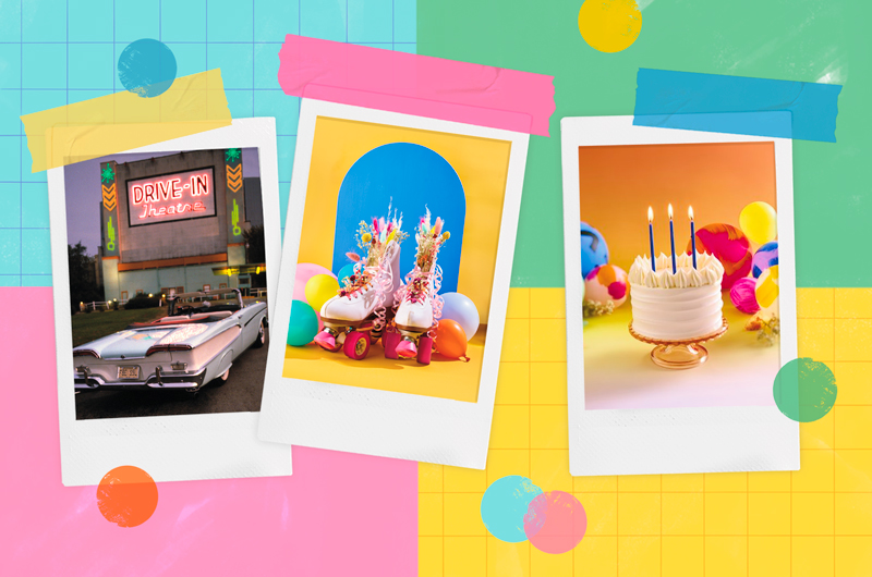 A collage of different summer birthday party ideas, including a drive-in movie, a pair of roller skates, and a simple, white cake on a gold cake stand with multicolored party balloons in the background.