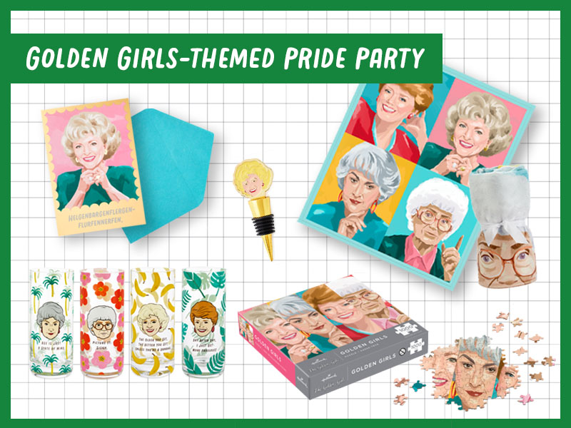 A collection of Golden Girls themes products for a Pride party, including drinking glasses, a puzzle, throw blanket, wine stopper and card.