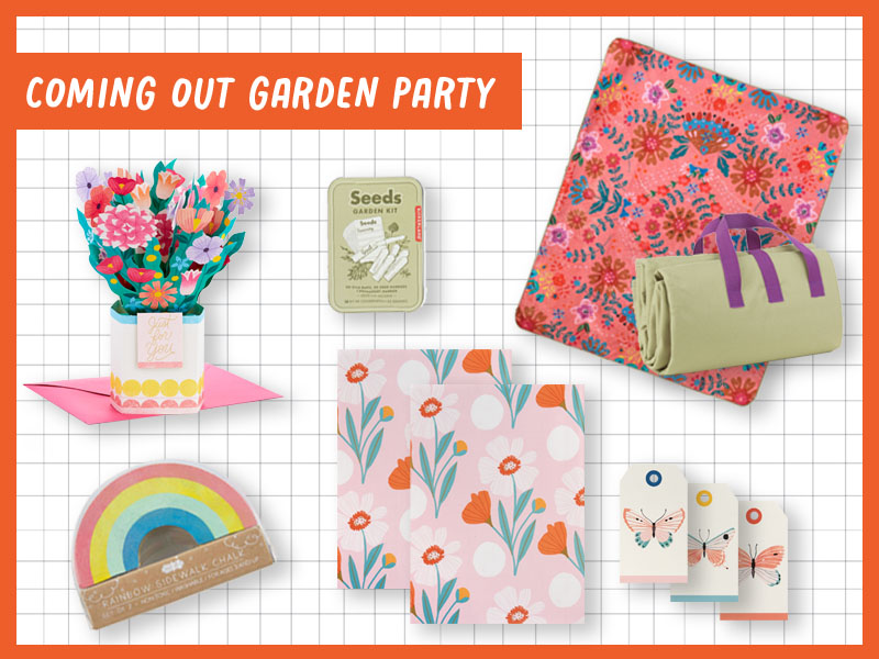 A collection of gifts and decor items for a coming out garden party, including a floral pop-up card, floral wrapping paper with butterfly gift tags, a floral picnic blanket, a garden kit, and rainbow sidewalk chalk.