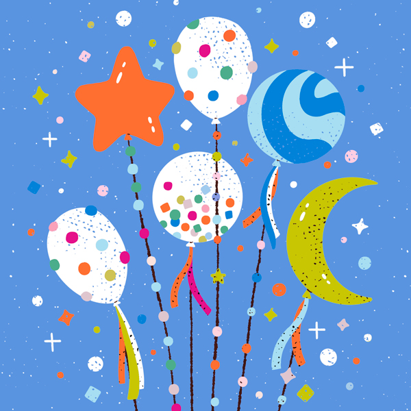 An illustration of different shaped birthday balloons, including round, oval, star and moon shapes, and floating confetti.