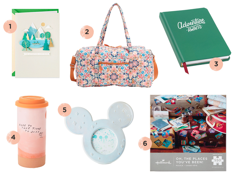 A selection of travel-themed anniversary gift ideas including a card featuring a mountain scene, a Vera Bradley quilted duffle bag, a journal that reads, 