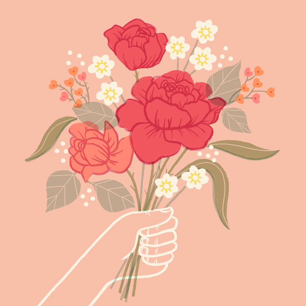 An illustration of a hand holding a bouquet of flowers in shades of pink, light orange, yellow and white.