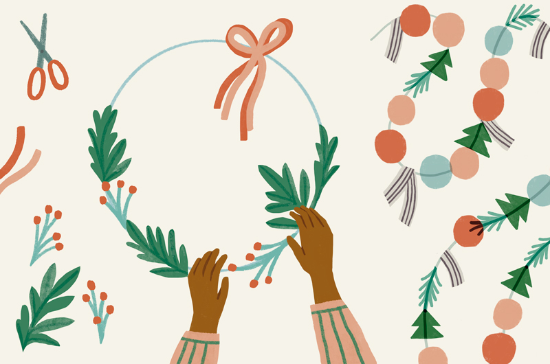 An illustration of a Black woman's hands crafting a DIY holiday wreath.
