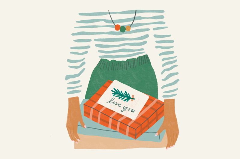 An illustration of a woman dressed in a horizontally striped shirt and green skirt holding a stack of wrapped presents, with a card on top that says 