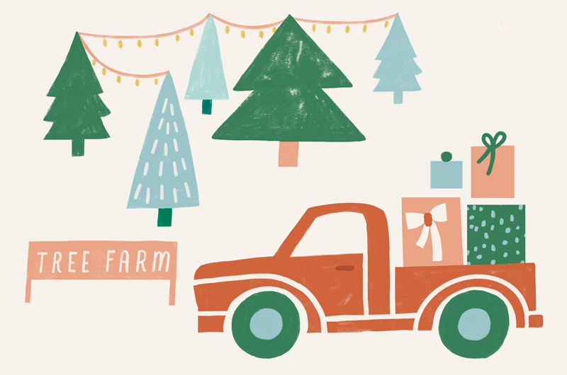 An illustration of a red, old-fashioned pickup truck with a load of presents in the truck bed, parked next to a tree farm.