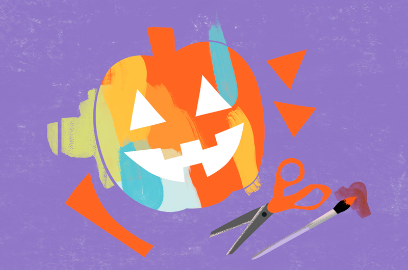 An illustration of a painted paper jack-o-lantern, surrounded but cut paper scraps, a pair of scissors and a paintbrush with orange paint on it.
