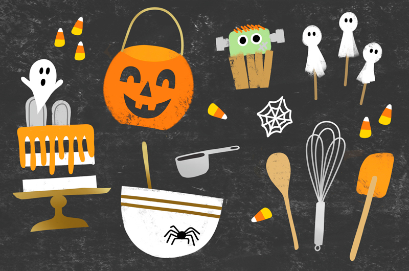 An illustration depicting different Halloween treats, including a black and white stripped cake with orange icing drips and tombstones on top, pieces of candy corn, and ghost treat pops.