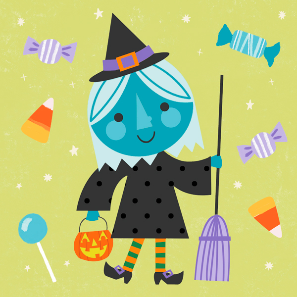 An illustration of a little girl dressed up for halloween as a witch, with a black polka-dotted dress and orange and green stockings; she's holding a broom in one hand and a jack-o-lantern candy bucket in the other.