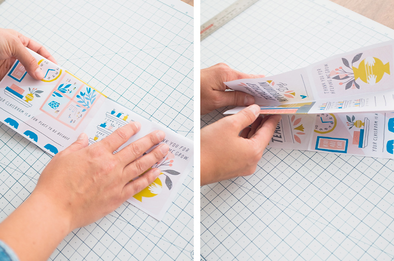 Hands fold the DIY teacher appreciation printable in half horizontally, then into three sections vertically.