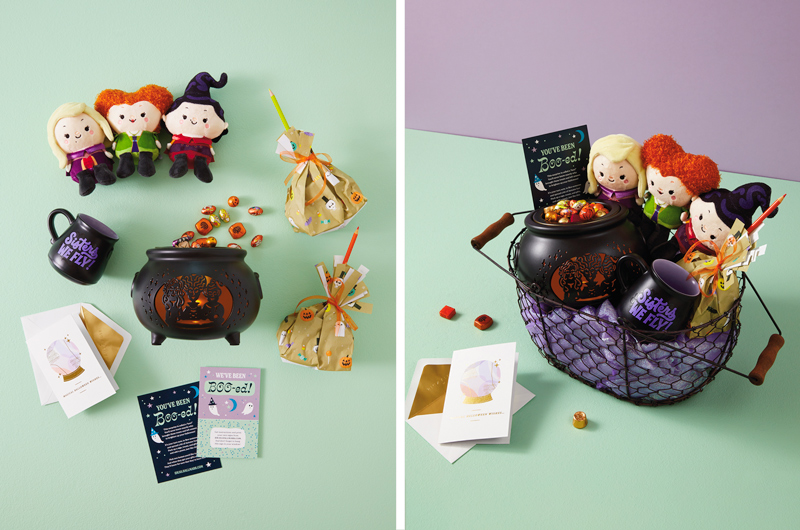 A Disney Hocus Pocus-themed boo basket could include a Sanderson Sisters Better Together set, a light up Hocus Pocus witch's cauldron, a mug that reads, 