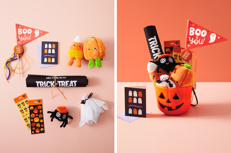 A boo basket idea for kids includes a candy corn and pumpkin Better Together set, a zipalong spider plush, a tissue paper surprise treat made to look like a ghost, some Halloween stickers, a Halloween card, and a tote bag and button featuring Trick-or-Treat for UNICEF.