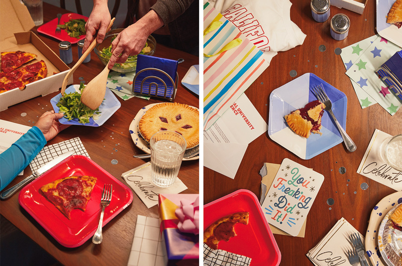 A college acceptance party table set with Celebrate! dinner plates in shades of red and blue with pizza and salad being served; next to this is a downshot of the table with a piece of cherry pie on a blue hexagonal dessert plate, with a gift bag stuffed with a college sweatshirt lying nearby.