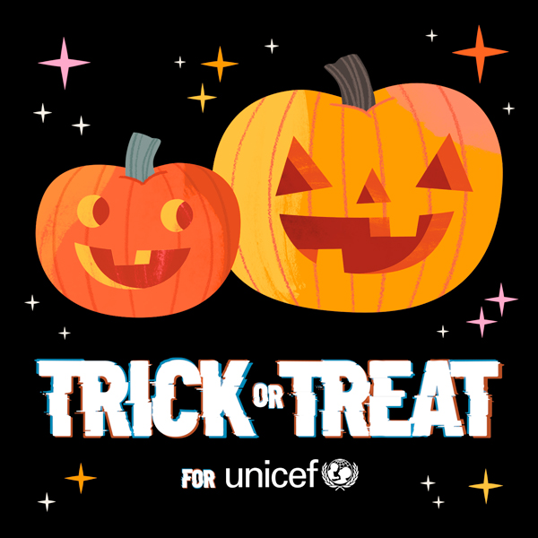 An illustration of two friendly looking jack-o-lanterns with the Trick or Treat for UNICEF logo underneath.