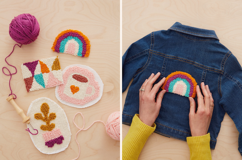 On the left is a collection of needle punch patches in different patterns, including a rainbow, a coffee cup, a potted plant and a geometric pattern; on the right, a woman's hands center a completed needle punch patch in the shape of a rainbow onto the back of a dark blue denim jacket.