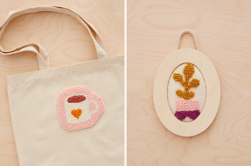 On the left is a needle punch patch in the shape of a coffee cup, fused to a cream-colored canvas tote; on the right is a needle punch patch with a potted plant design in a light-colored, natural wood frame with a rope for a hanger attached to its back.