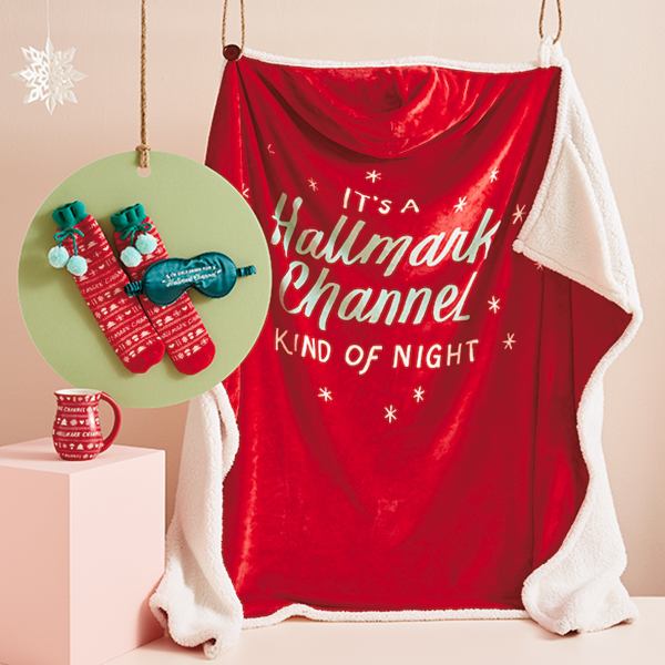 Hallmark Channel gift ideas for the self-care specialist include a throw blanket, fuzzy socks and eye mask set, and holiday mug.